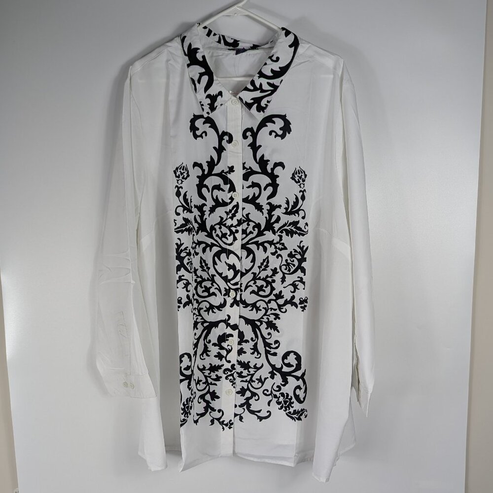 Roaman's Black & White Patterned Button Down Tunic Blouse 30W